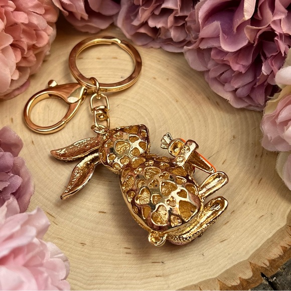 Champagne and Silver Crystal Bunny Rabbit with Carrot Keychain Charm - Picture 13 of 16